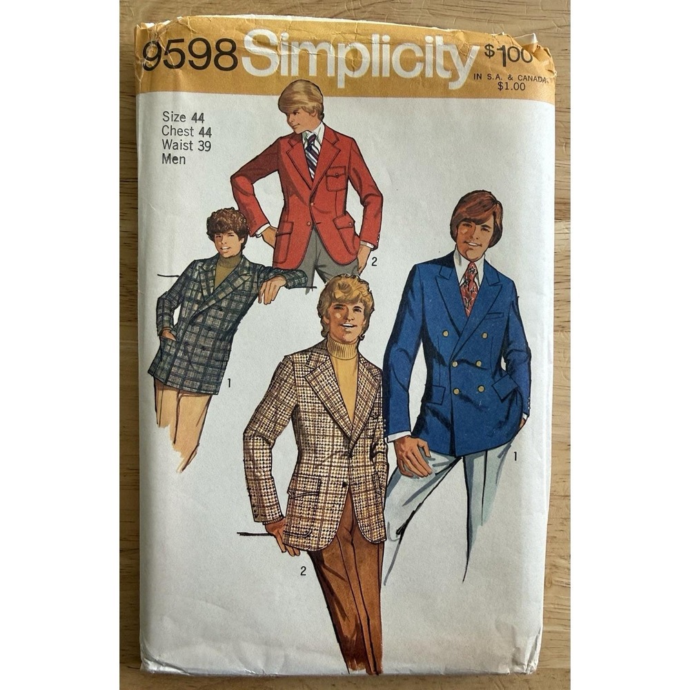 Simplicity Pattern 9598 Men's Set Of Fitted Jackets Size 44 Waist 39 Uncut FF